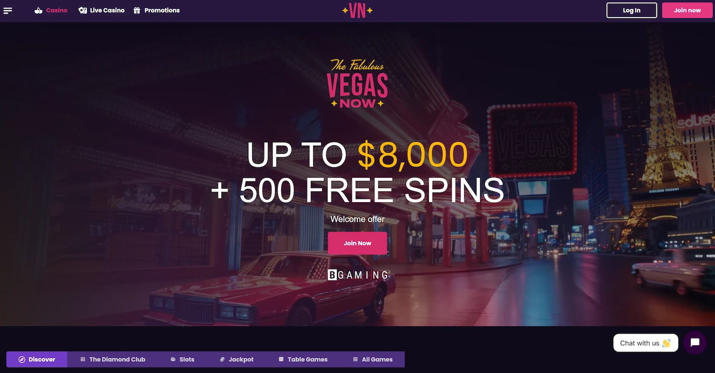 VegasNow online casino homepage showing welcome offer and site navigation