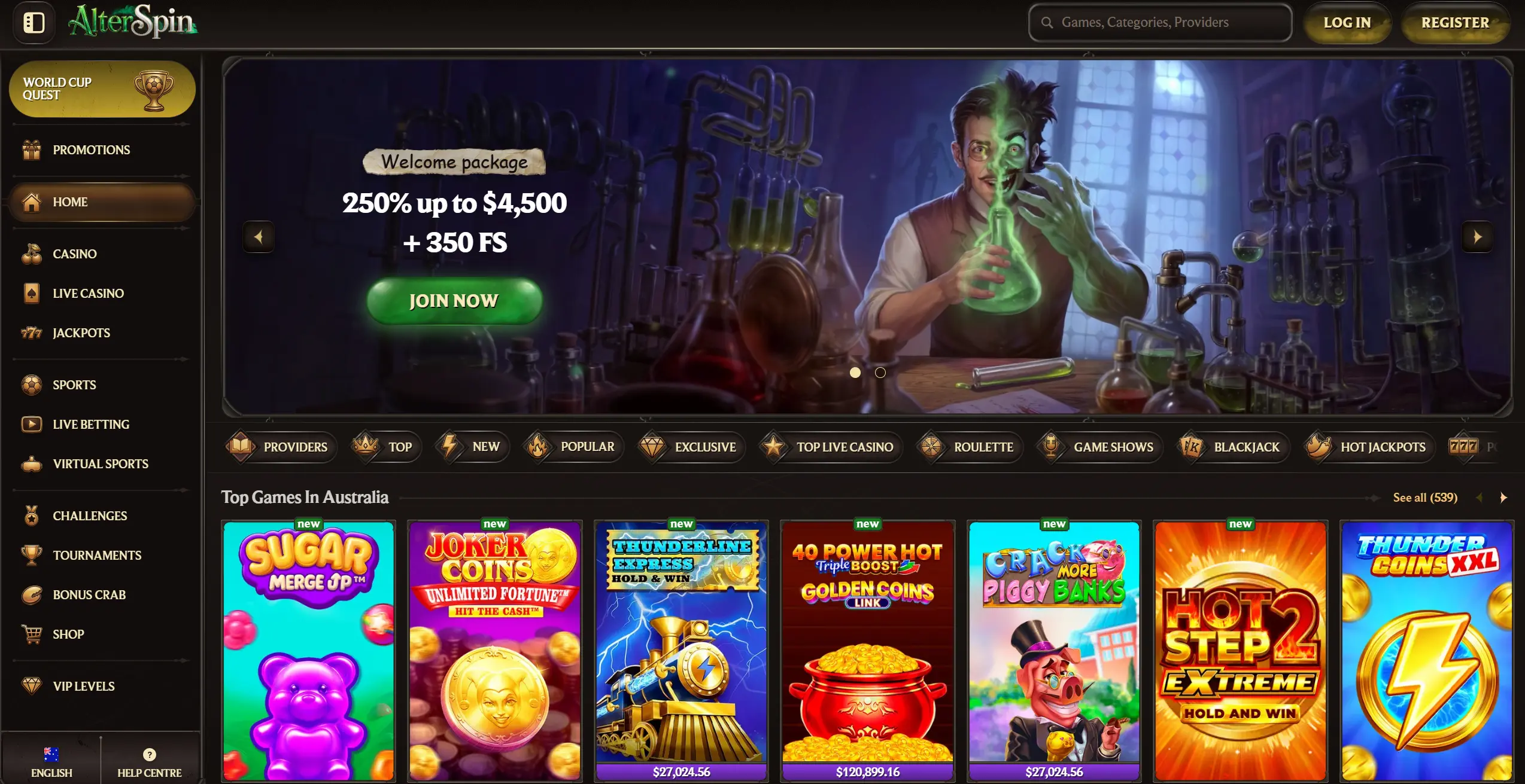 AlterSpin casino-frontpage showing welcome offer, selection of top games in Australia and site navigation