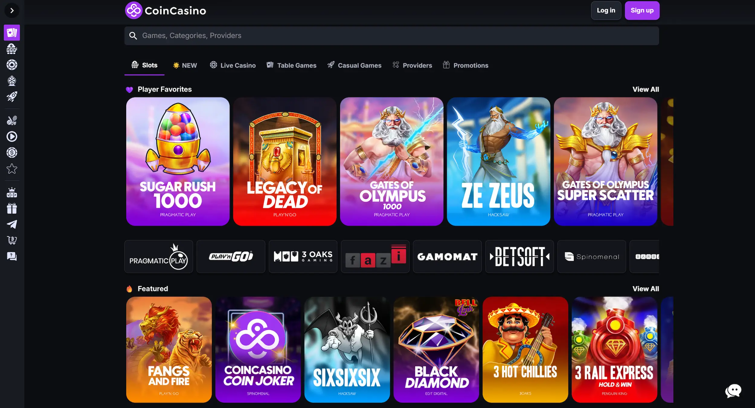 CoinCasino frontpage showing online pokies selection, game providers and site navigation