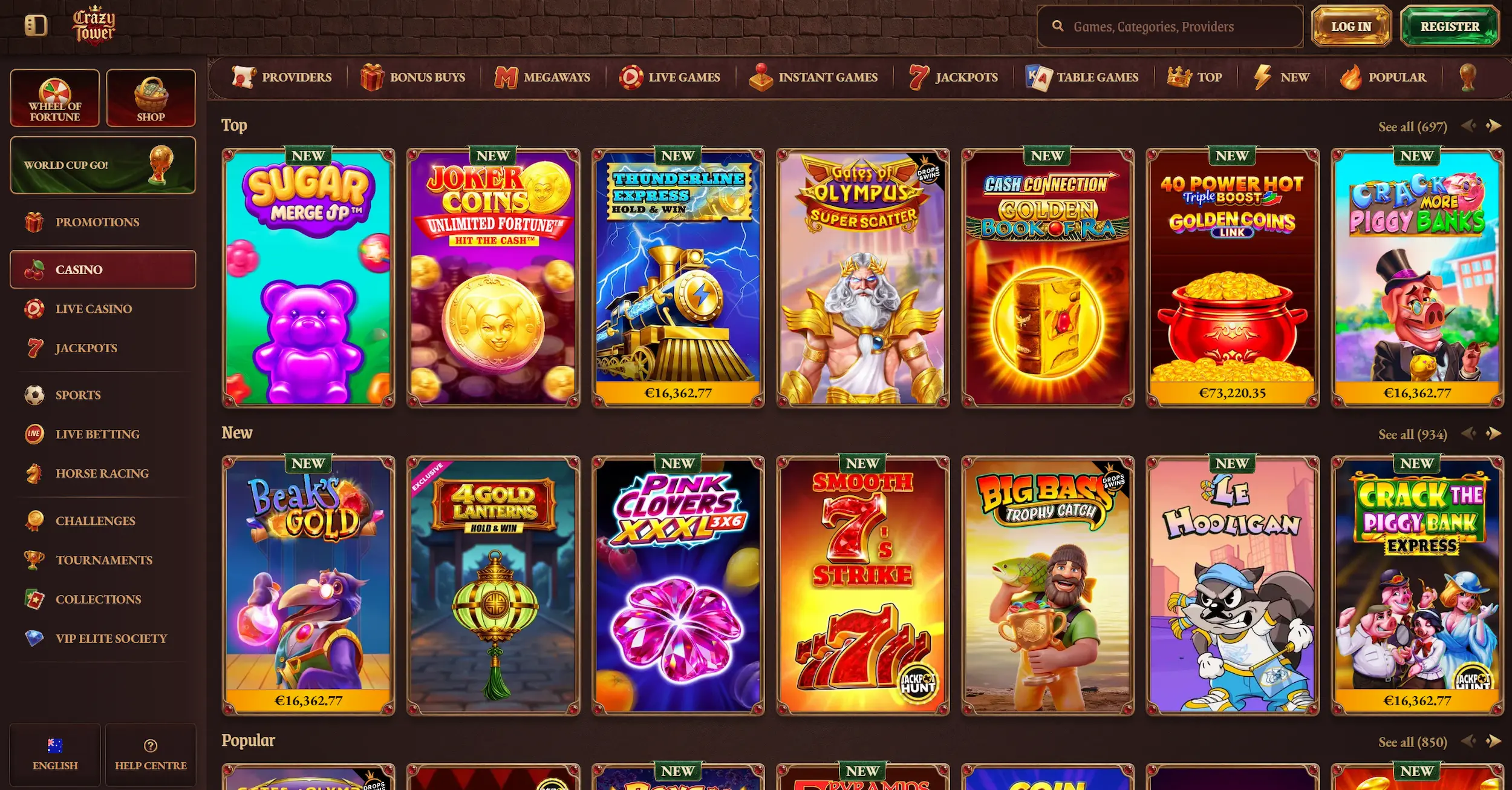 Crazy Tower casino frontpage showing top and new online pokies selection and site navigation