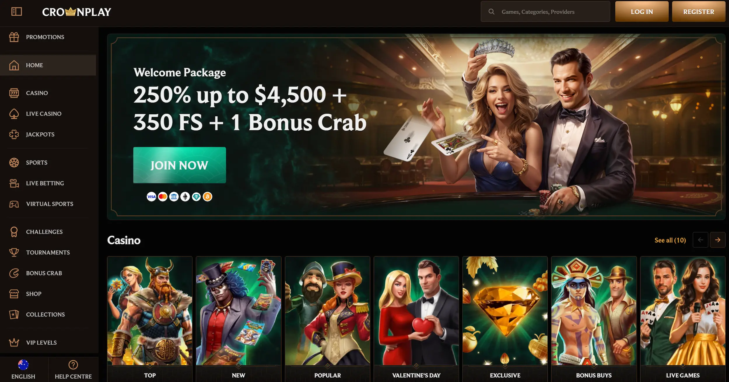 CrownPlay casino frontpage displaying welcome bonus offer, site navigation and casino games selection