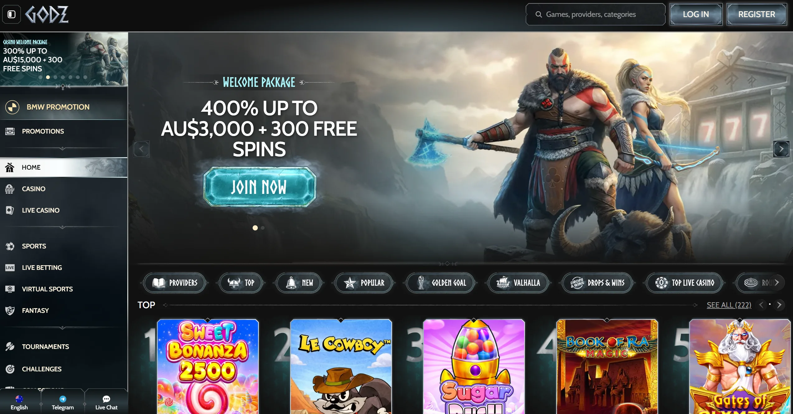 Godz casino frontpage showing welcome offer, online pokies selection and site navigation
