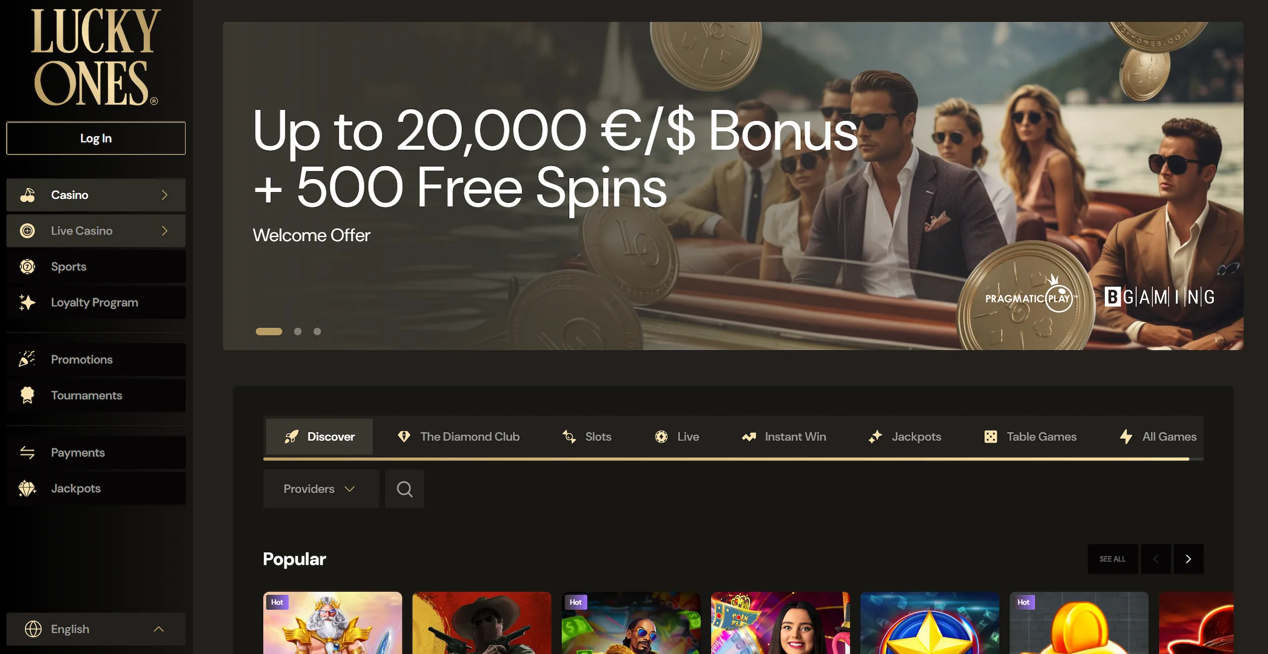 LuckyOnes Casino frontpage displaying welcome bonus offer, selection of online pokies and site navigation